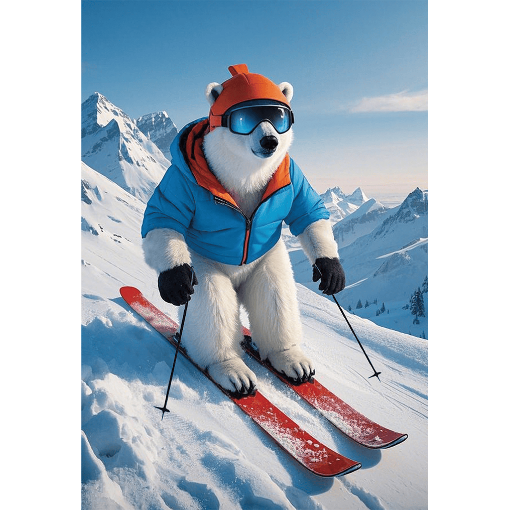 Pictura skiing polar bear birthday card with lenticular design, featuring a playful polar bear in a winter skiing scene.